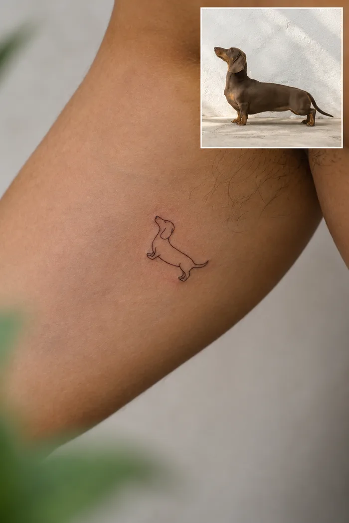 Fine Line Tattoo eines Dackels nach Kundenfoto