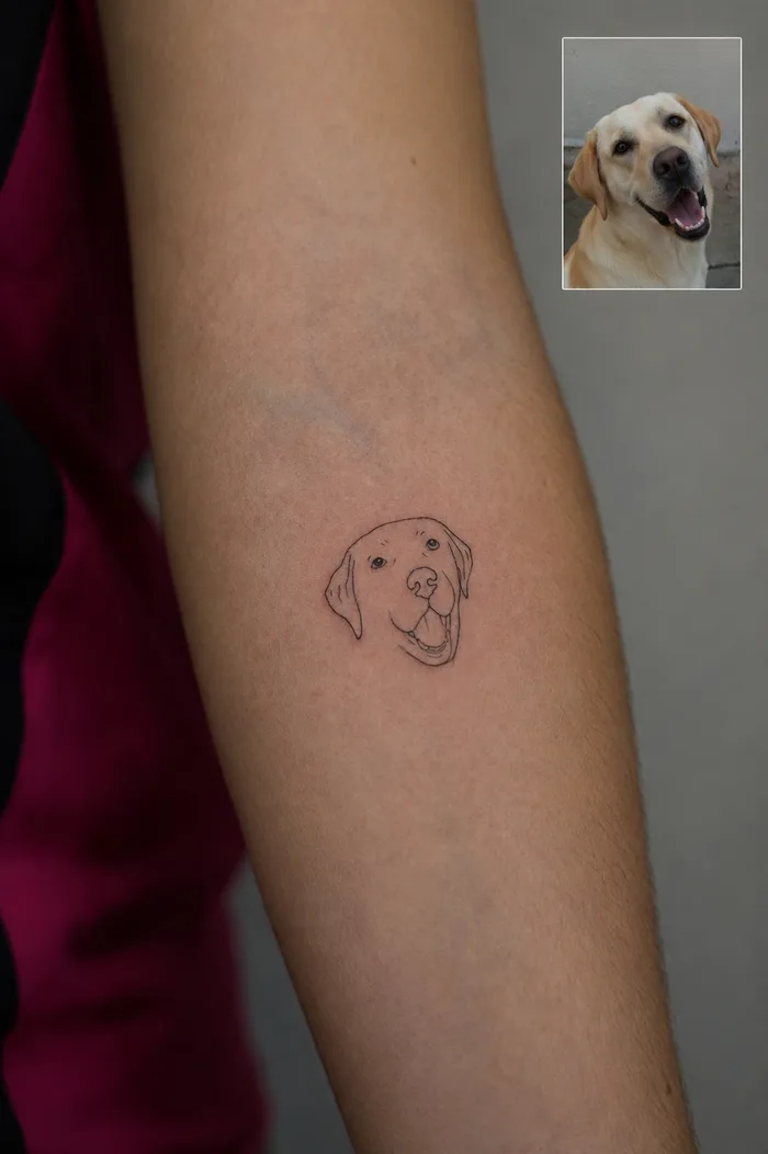 Fine Line Portrait-Tattoo eines Labradors