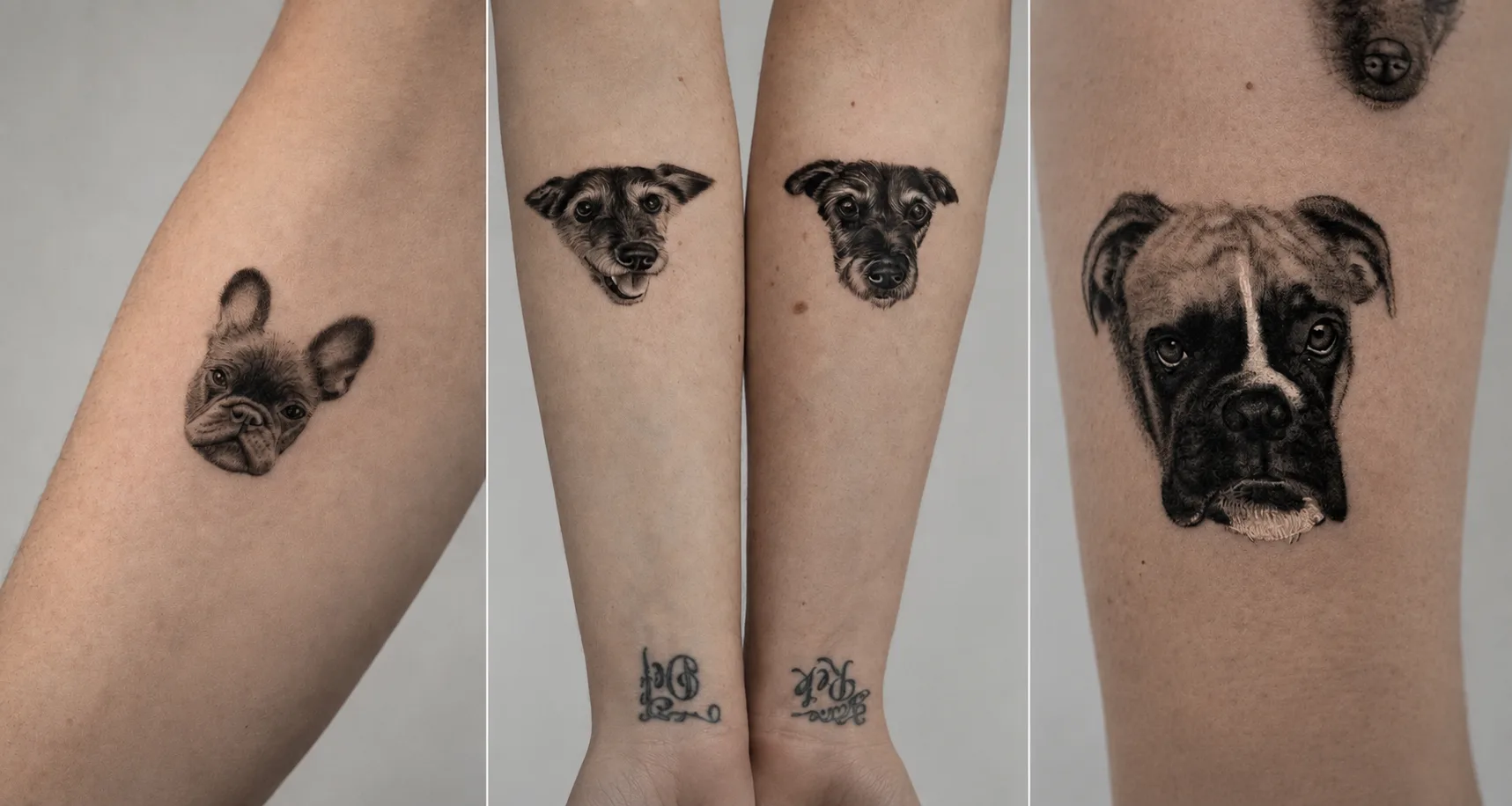 Realistische Hundeportrait-Tattoos in Microrealism — Französische Bulldogge, Terrier und Boxer