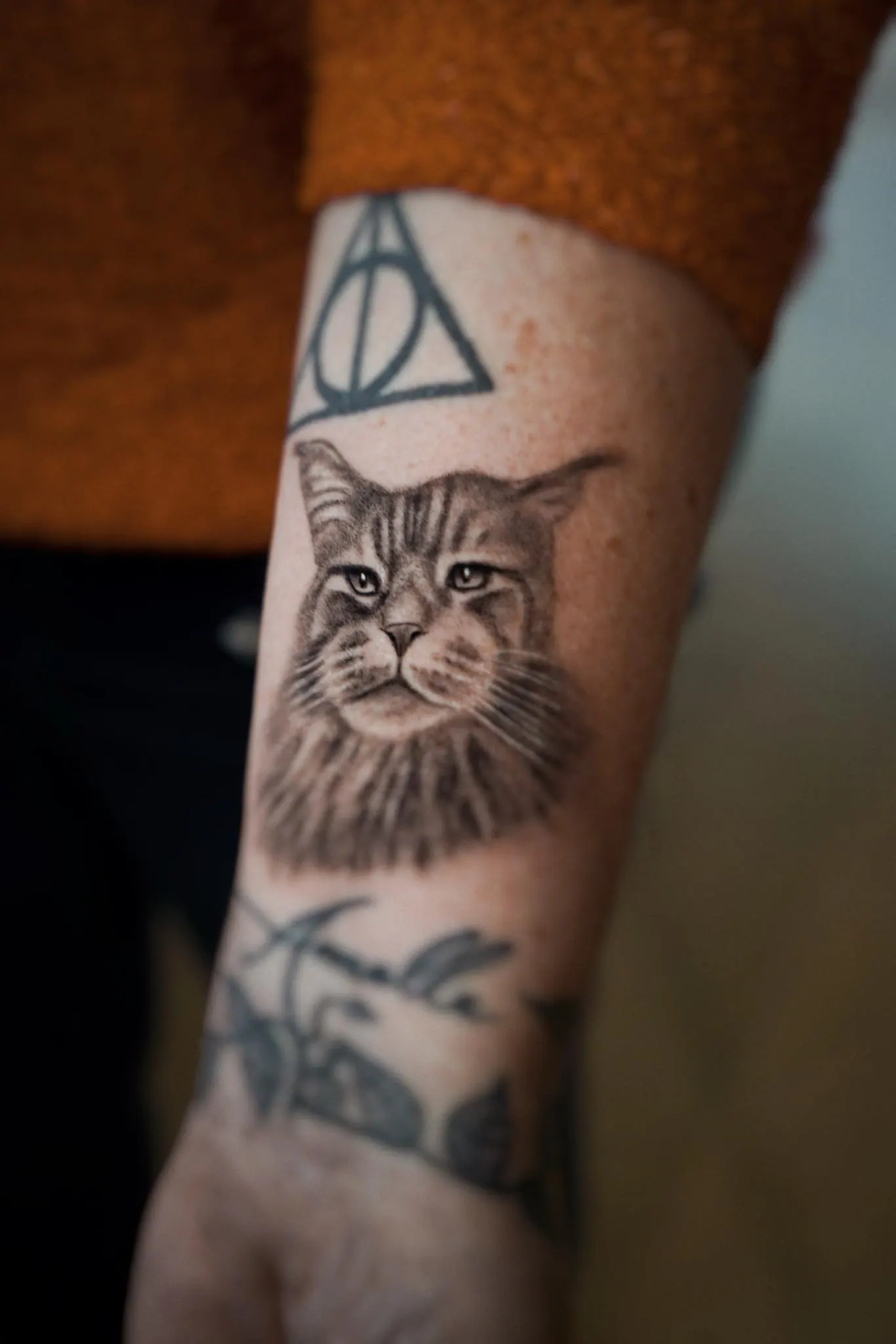 Realistisches Maine Coon Katzenportrait Tattoo Microrealism