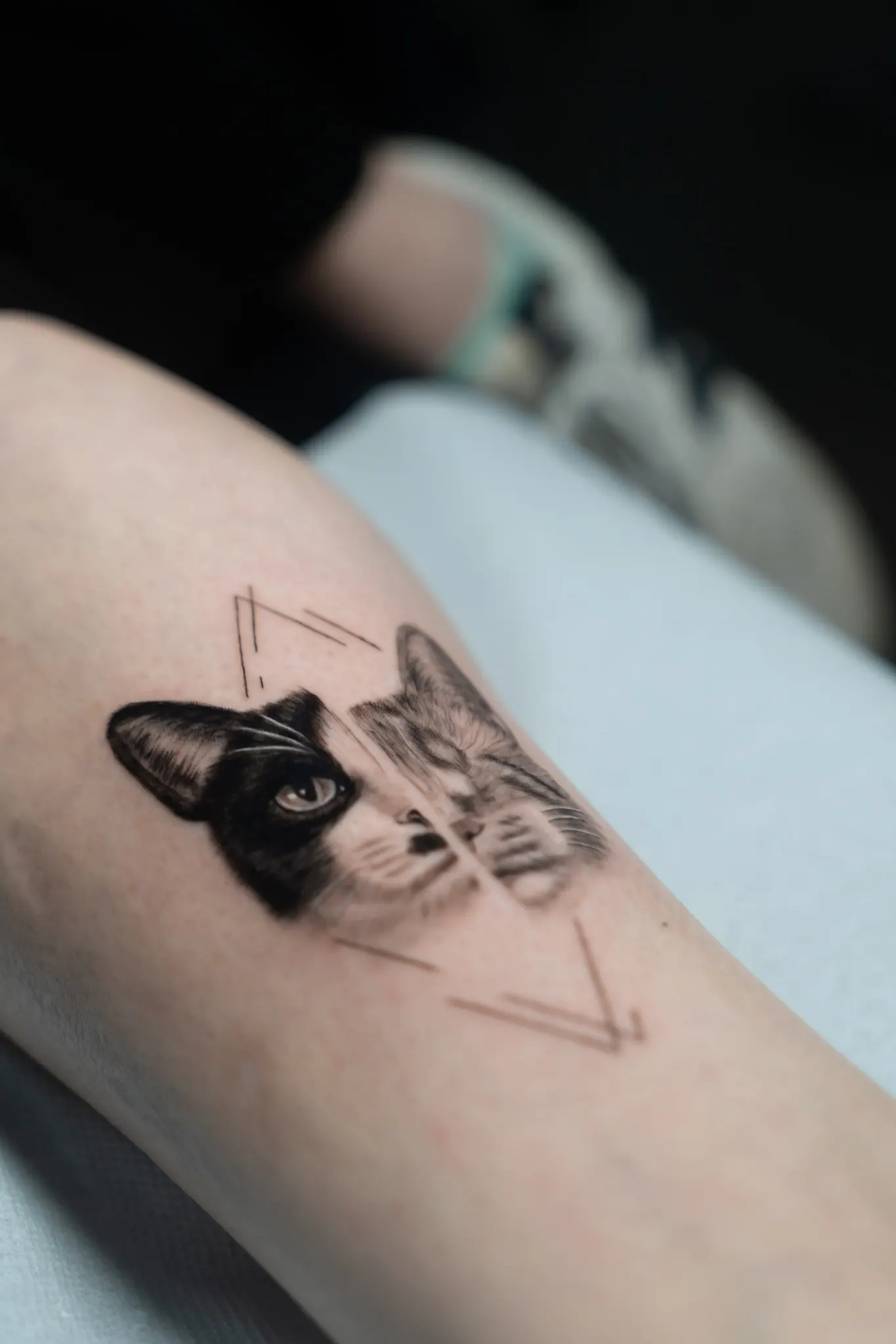 Split-Face Katzenportrait mit geometrischen Linien Tattoo